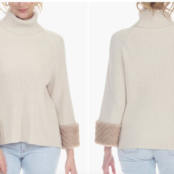 RAIN AND ROSE Beige Neutral Faux Fur Cuff Turtleneck Sweater - Picture 9 of 9
